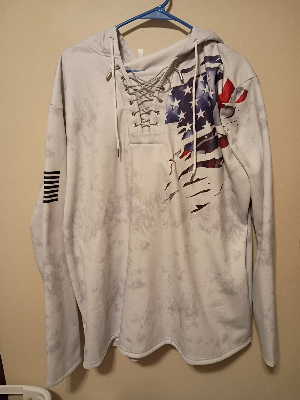 Men's White V-Neck Hooded Sweater with Distressed American Flag Graphic